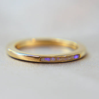 Yellow gold ring, subtle opalescent fleck, pearl white shimmer, Embryo
