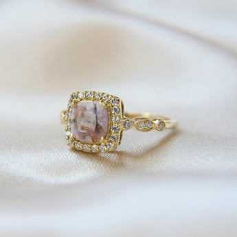 Yellow gold band with hair, milk, pearl white shimmer & subtle briar rose/Violet flecks