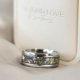 Titanium wide band ring with heavy ashes, charcoal grey shimmer and heavy gold flecks