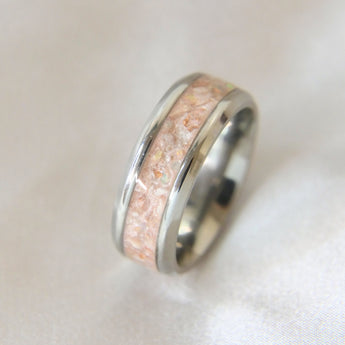 Titanium band, lightly sprinkled ashes, nude shimmer,white opal, subtle rose gold flecks