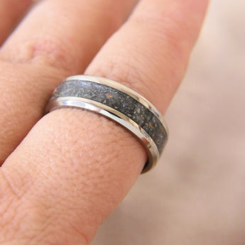 Titanium band, charcoal grey shimmer, white opal, heavy cremations