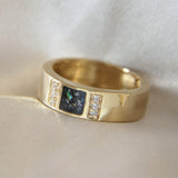 Heavy ashes, subtle opalescent flecks and black shimmer, 9k gold band
