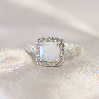 Sterling silver ring, breastmilk with pearl white shimmer and corn flower blue opal