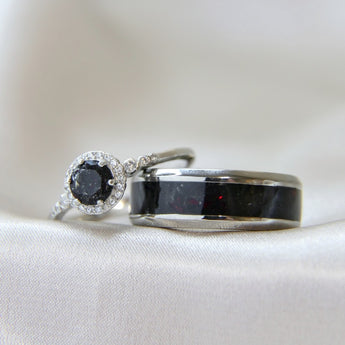 Titanium band, hidden ashes, black shimmer and black opal ( red reflections in black opal)