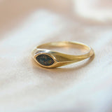 Yellow gold band, heavy ashes, white opal, charcoal shimmer