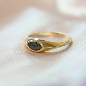 Yellow gold band, heavy ashes, white opal, charcoal shimmer