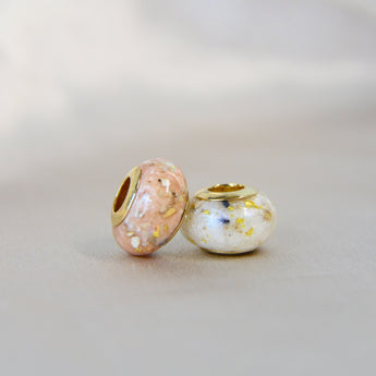 Gold beads, nude shimmer, heavy ashes, subtle gold flecks, white crushed opal
Gold bead, pearl white shimmer, lightly sprinkled ashes heavy gold flecks