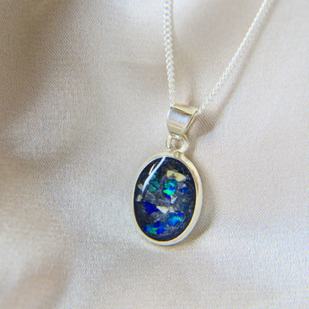 14 x 10 cremation pendant- charcoal grey shimmer, heavy ashes, cobalt blue opal and heavy blue flecks