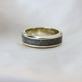 White gold band, charcoal grey shimmer, heavy rose gold flecks, heavy ashes
