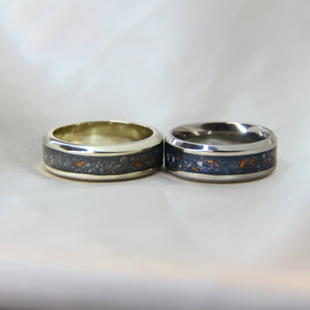 White gold band heavy ashee, charcoal grey shimmer, subtle rose gold fleck
Titanium band- charcoal shimmer, lightly sprinkled ashes and heavy rose gold fleck