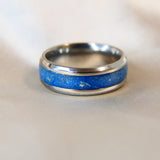 Titanium band, sapphire blue shimmer, heavy sprinkled ashes