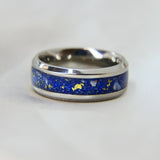 Titanium band, midnight blue shimmer, heavy gold fleck, heavy ashes