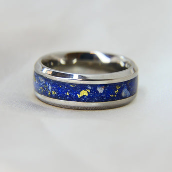 Titanium band, midnight blue shimmer, heavy gold fleck, heavy ashes