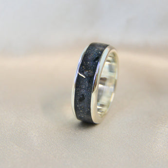 Sterling silver band, charcoal grey shimmer, subtle black flecks, heavy ashes