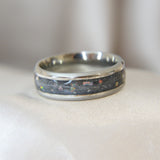 Titanium band, charcoal grey shimmer, hair, heavy ashes, white opal
