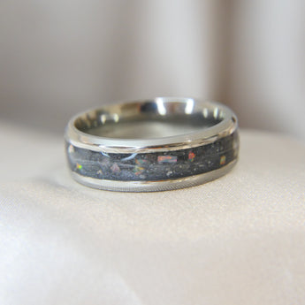 Titanium band, charcoal grey shimmer, hair, heavy ashes, white opal