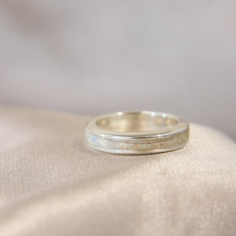 Lightly sprinkled ashes, hair, cornflower blue opal pearl white shimmer
