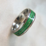 Titanium band, esmeralda green shimmer, pet dog fur, crushed white opal