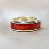 Sterling silver memorial ring, ruby red shimmer, barely visible ashes and subtle opalescent flecks ocean green opal