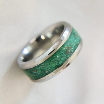Titanium band, esmeralda green shimmer, heavy ashes