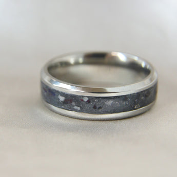 Titanium band, charcoal grey shimmer, heavy ashes, black opal ( red reflections)