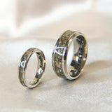 Matching narrow and wide band keepsake rings with heavy cremations and crushed white opal