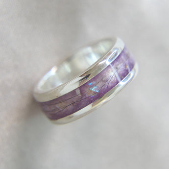Sterling silver band, lavender grey shimmer, subtle opalescent flecks, lightly sprinkled ashes and hair
