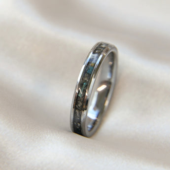 Titanium band, cremations charcoal grey shimmer and blue flecks subtle