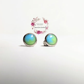 Breastmilk light blue, green shimmer in stainless steel earrings