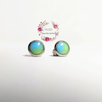 Breastmilk light blue, green shimmer in stainless steel earrings 