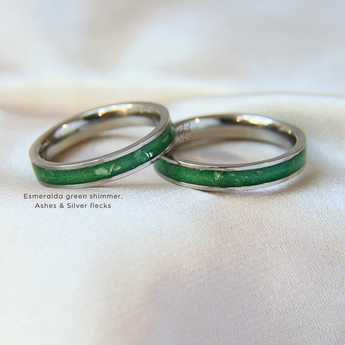 Sterling silver memorial rings with ashes, esmeralda green shimmer and silver flecks