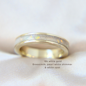 solid white gold breastmilk ring, pearl white shimmer and white opal