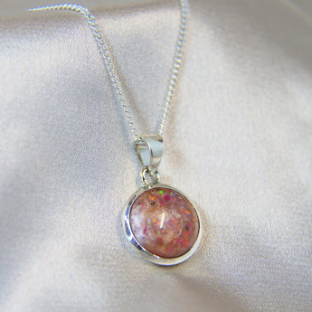 12mm round silver pendant, nude shimmer, lightly sprinkled ashes and pink opal