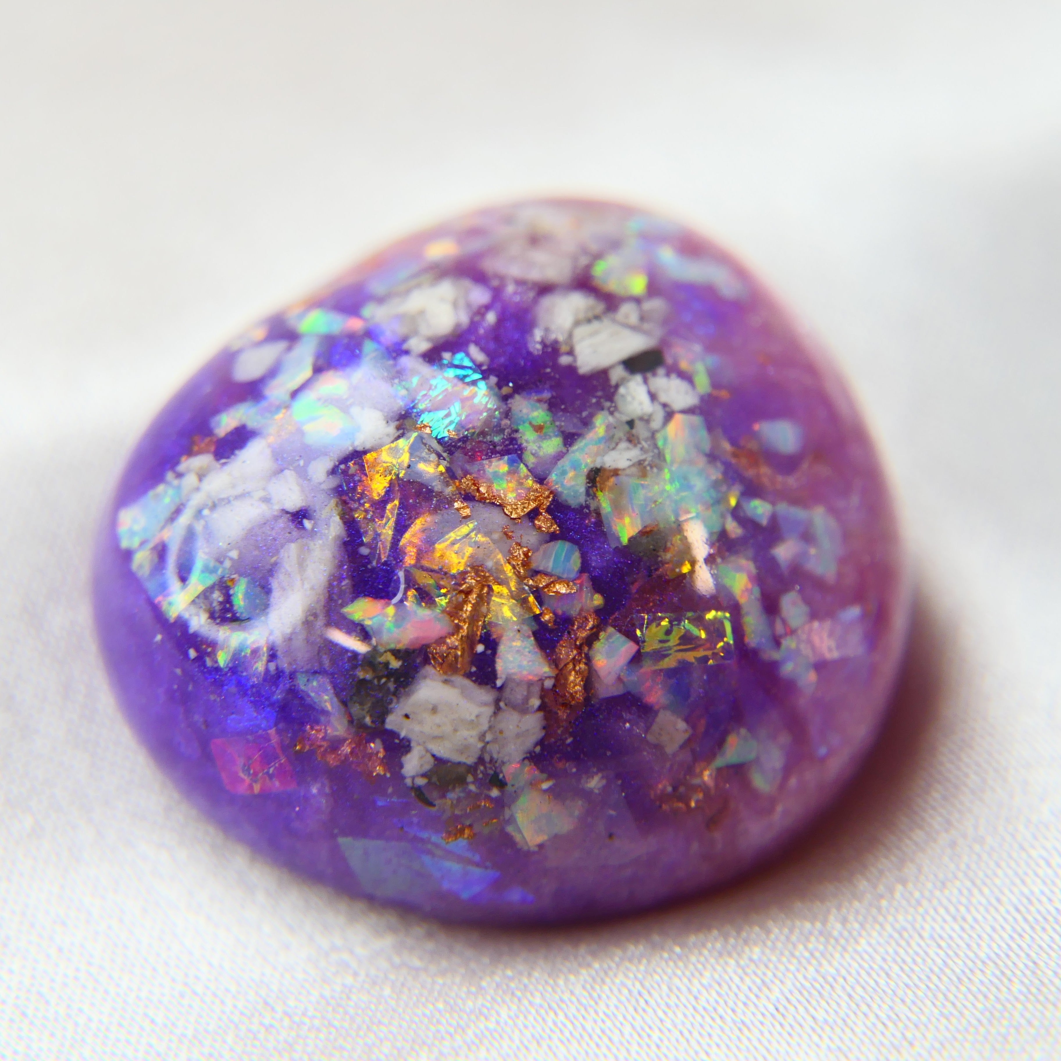 Keepsake stone- violet shimmer, ashes, gold flecks and cornw flower blue opal with opalescent flecks