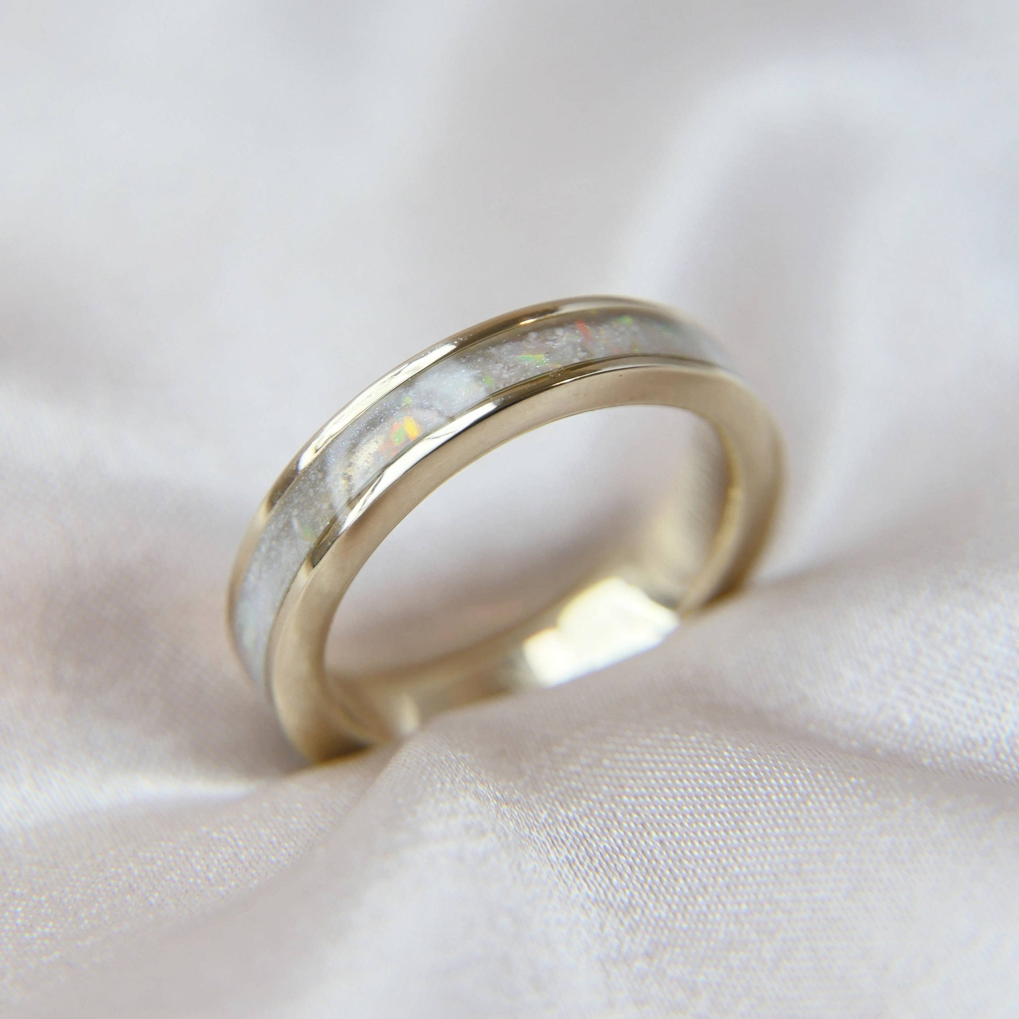 White gold breastmilk ring with pearl white shimmer and white opal