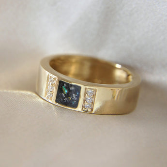 Heavy ashes, subtle opalescent flecks and black shimmer, 9k gold band 