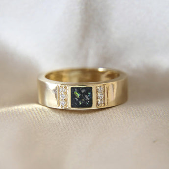 Heavy ashes, subtle opalescent flecks and black shimmer, 9k gold band 