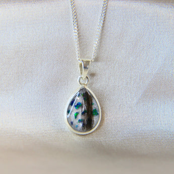 14 x 10 silver with pearl white shimmer, hair and ocean green opal