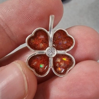 New heart clover pendant with white cz and red shimmer, white opal and cremations