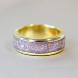 Yellow gold band, lavender grey shimmer, heavy ashes, heavy gold flecks
