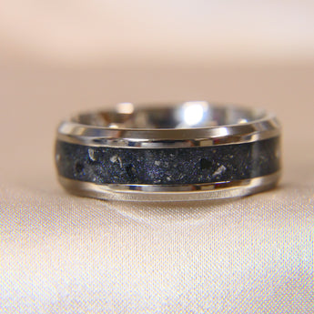 Titanium band, charcoal grey shimmer, lightly sprinkled ashes, black flecks 