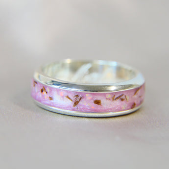 Silver band, light pink shimmer, umbilical cord, pink opal