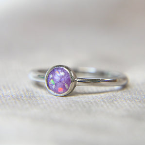 Silver memorial ring, lightly sprinkled ashes, lavendar grey shimmer, white opal 