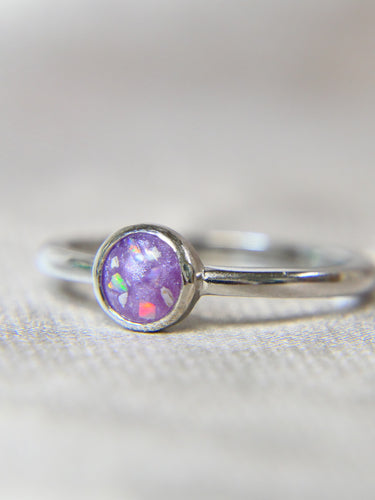 Silver memorial ring, lightly sprinkled ashes, lavendar grey shimmer, white opal 