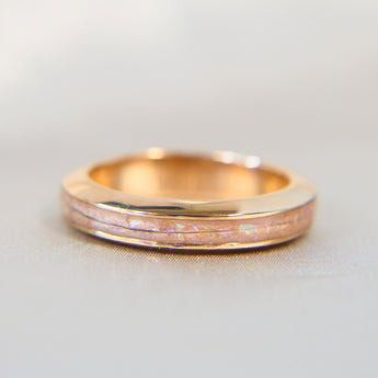 Rose gold band, nude shimmer, heavy opalescent feck and hair
