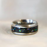 Titanium band, embryo ashes, no shimmer, heavy opalescent flecks, white opal 