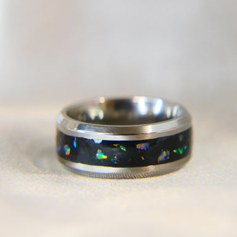 Titanium band, embryo ashes, no shimmer, heavy opalescent flecks, white opal 