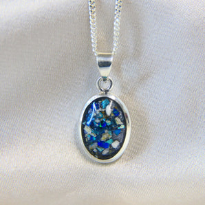 14 x 10 oval- charcoal grey shimmer, heavy ashes, cobalt blue opal & blue flecks ( heavy)
