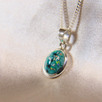 8 x 10 cremation pendant- teal shimmer, heavy sprinkled ashes, white crushed opal 