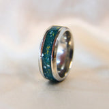 Titanium band, Forrest green shimmer, heavy gold flecks, lightly sprinkled ashes 